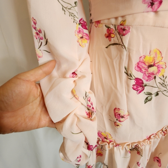 FOREVER 21 Cream & Pink Floral Ruffle V-Neck Wrap Tie Long Sleeve Dress Small - Picture 5 of 11